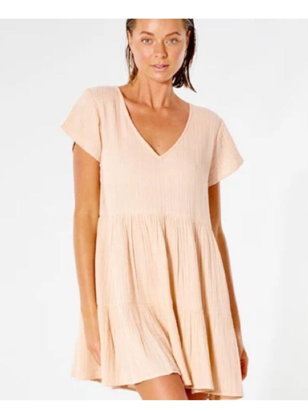 Rip Curl Light Peach Pink Gauzy Cotton V-neck Babydoll Dress Size Medium